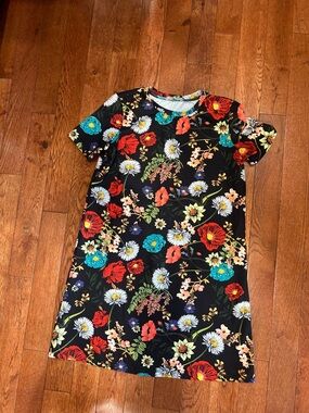 Zara Black Floral Shift Dress with Red, Teal, White, Coral Blooms